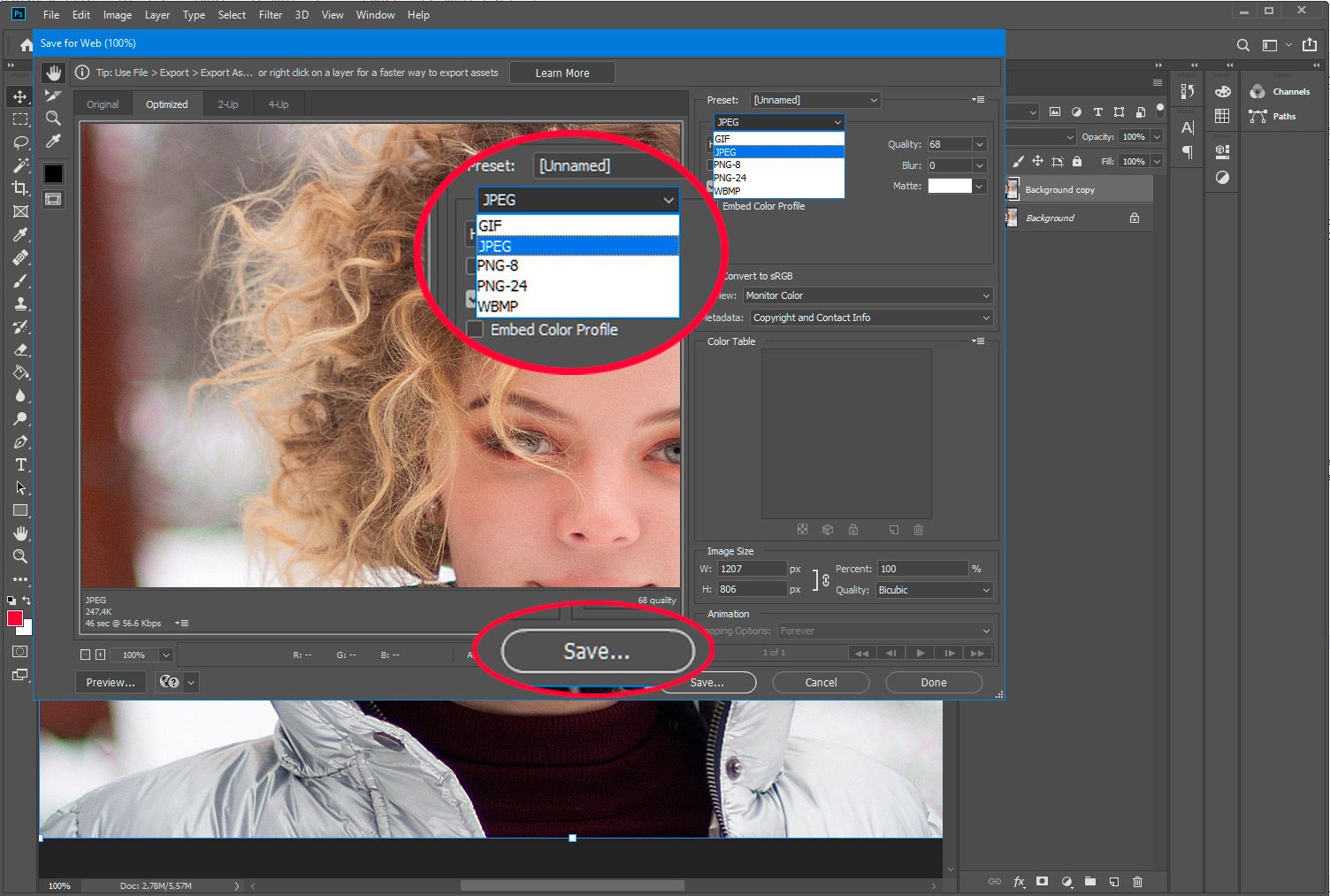 Adobe Photoshop. حفظ PSD للويب بتنسيق jpg..