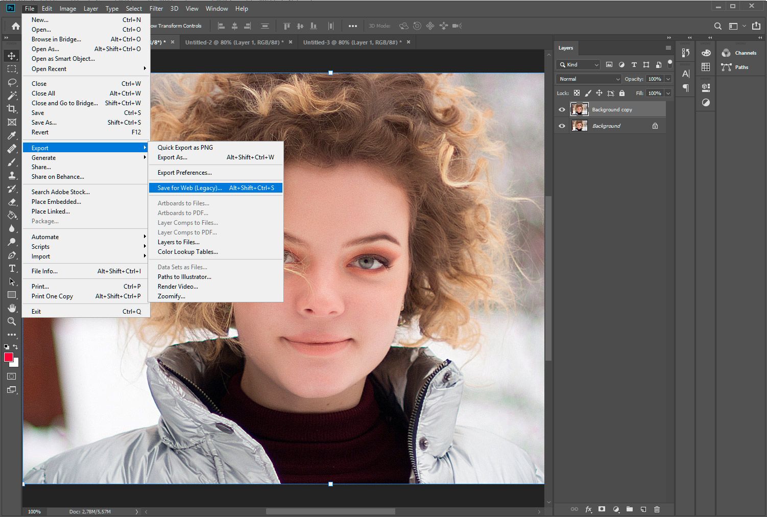 Adobe Photoshop. اختر حفظ للويب..