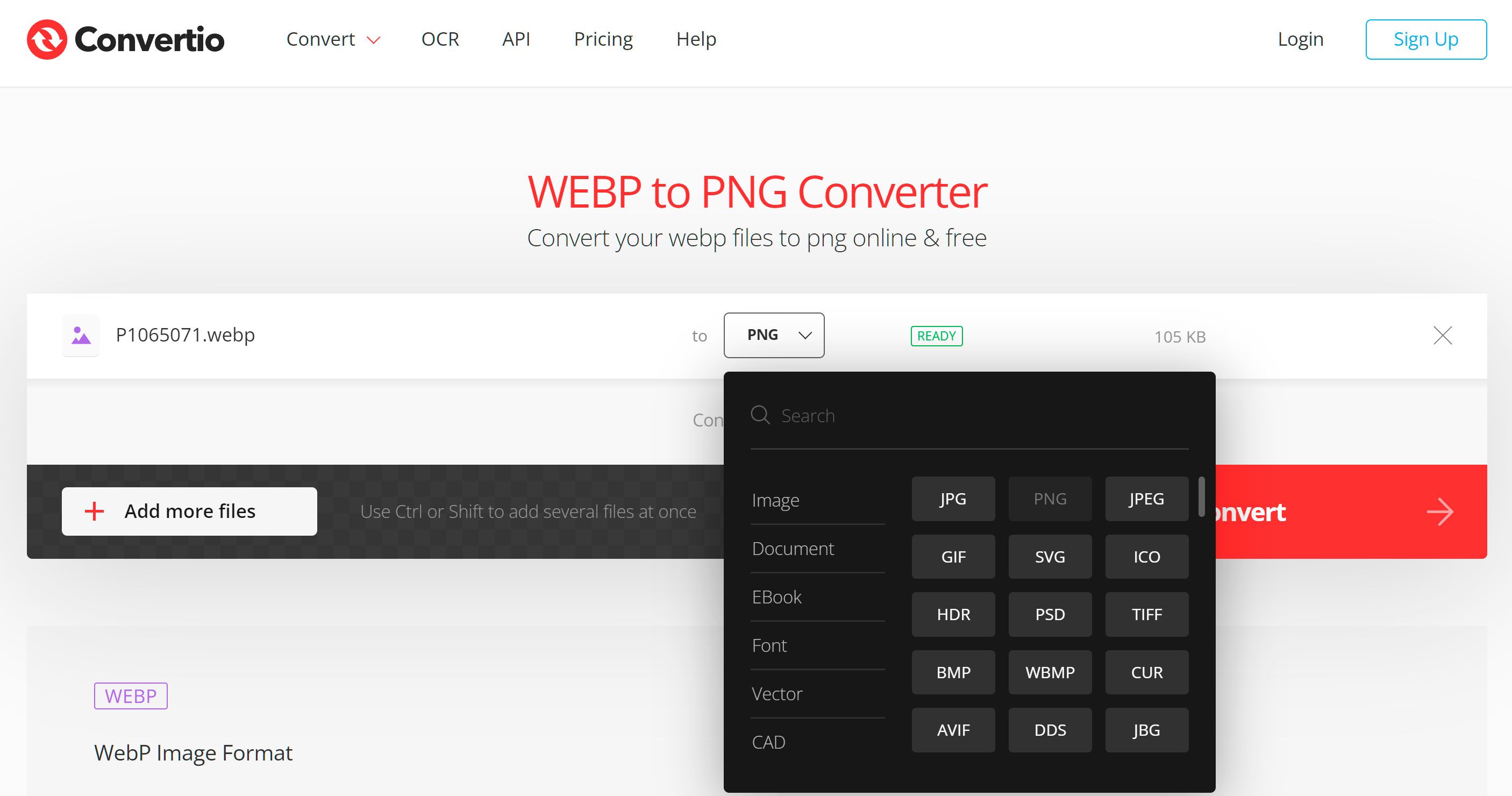 حدد تنسيق PNG للتحويل من WebP عبر الإنترنت..
