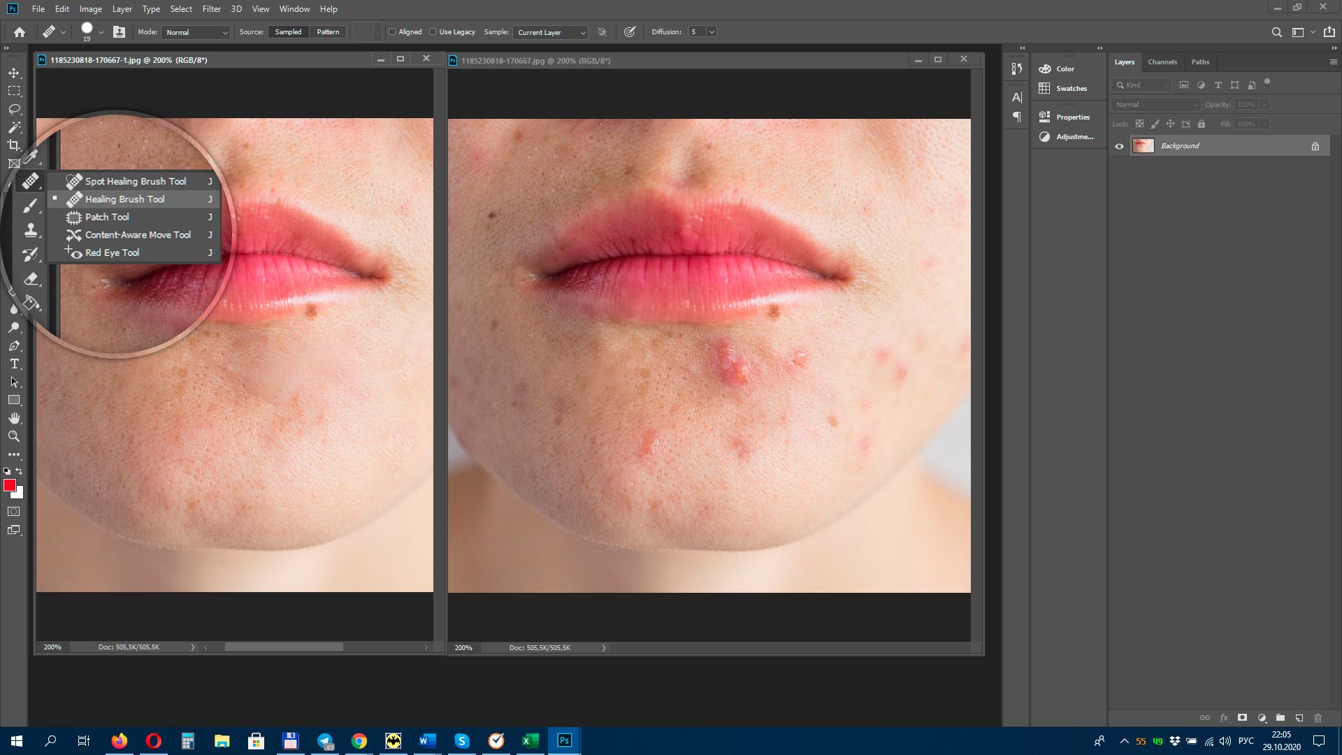 Photoshop remove watermark with spot healing tool..