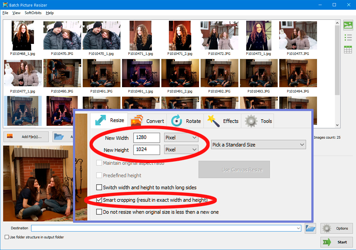 حدد تغيير الحجم الذكي لصور متعددة.