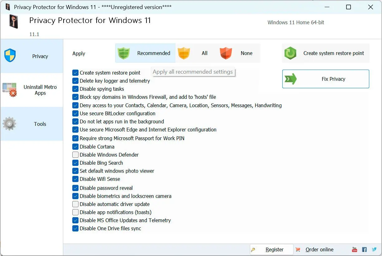 Privacy Protector for Windows 11 لقطة.
