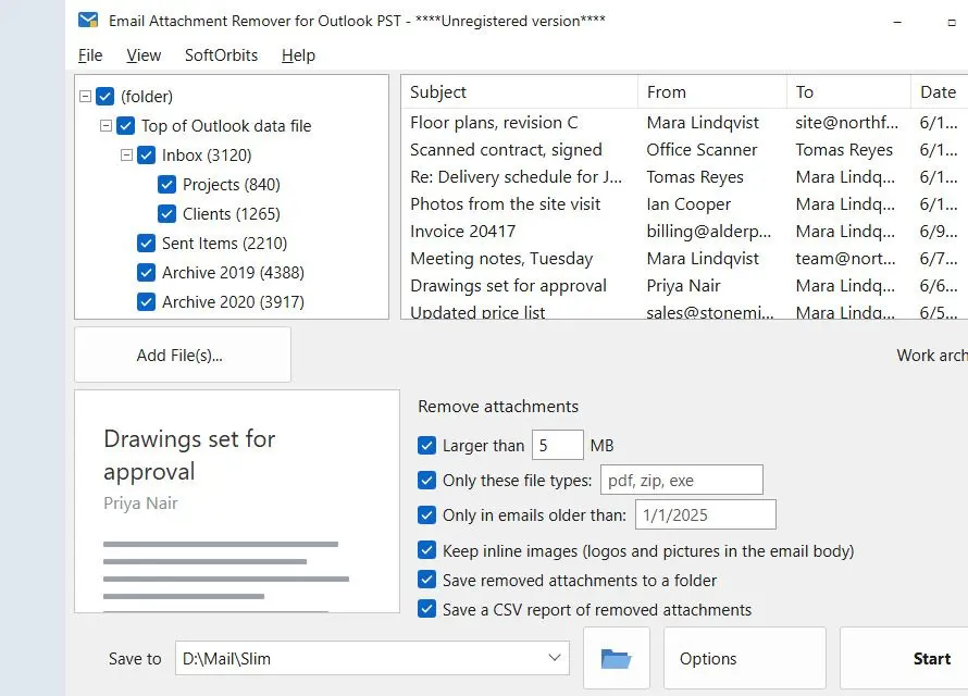 Email Attachment Remover for Outlook PST لقطة شاشة.