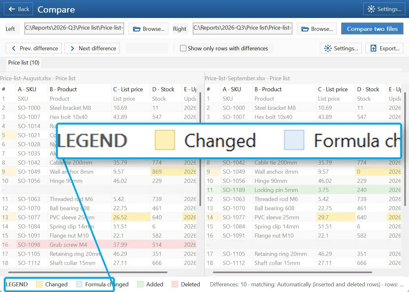 مقارنة مصنفات Excel.