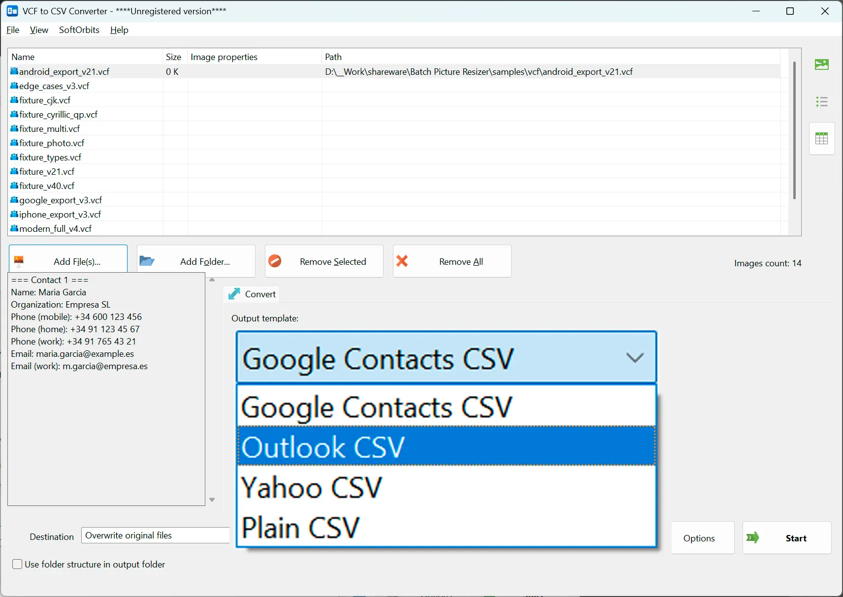 اختر إعداد CSV وخياراته.